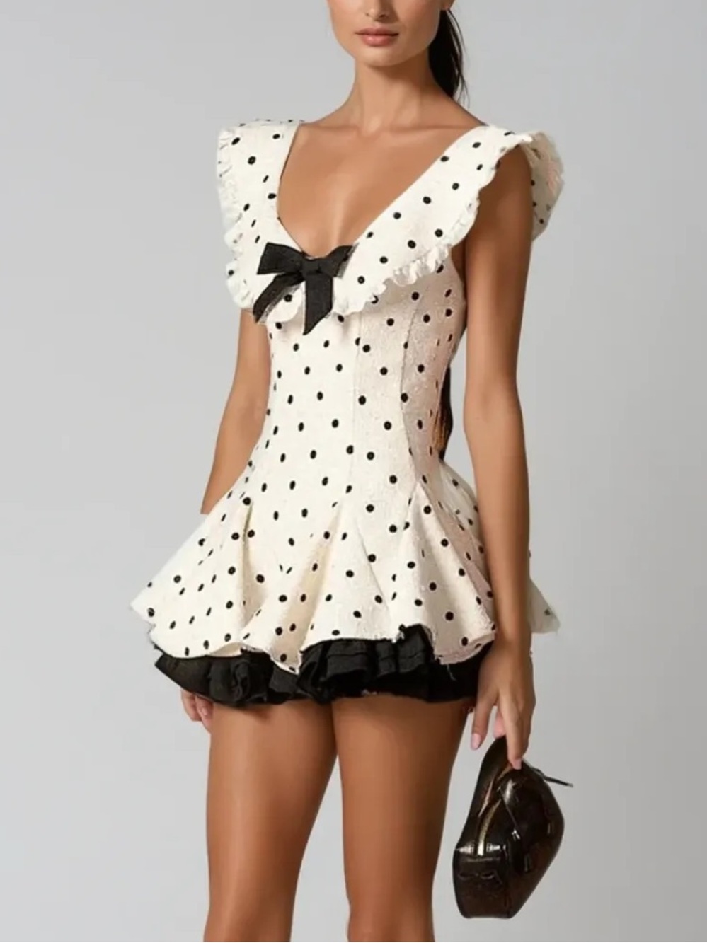 Polka Dot Ruffle Mini Dress with Bow - White & Black